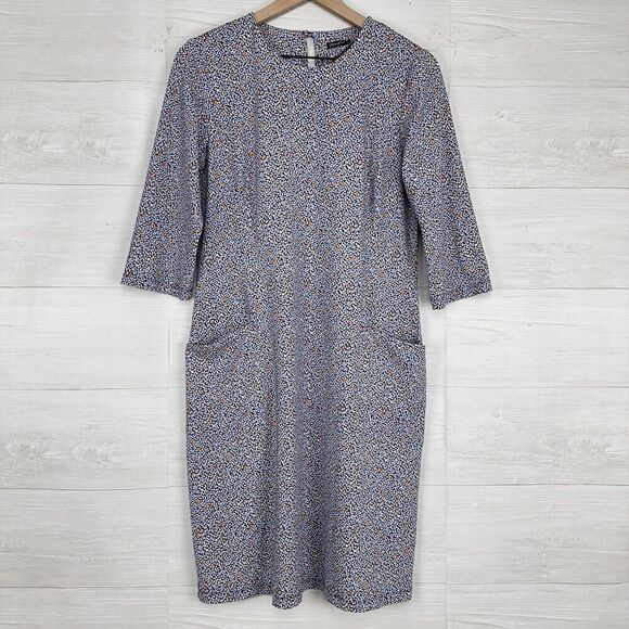 J McLaughlin Catalyst Dress L Blue Printed Catalina Cloth Sheath Pockets Stretch - Picture 1 of 16